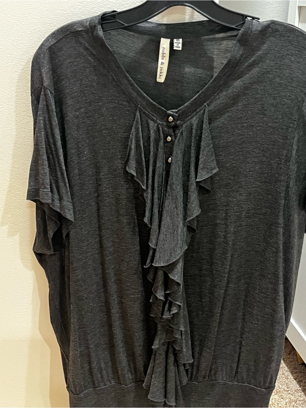 Women's XS Charcoal Ruffle Front Blouse by ROBBIE & NIKKI